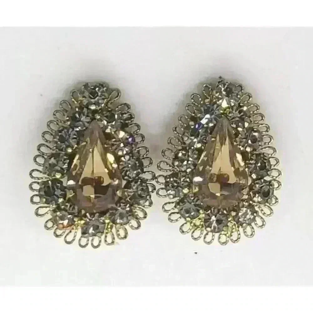 Vintage Earrings Clip Gold Filigree Topaz & Blue Rhinestone Drama Fancy Clip